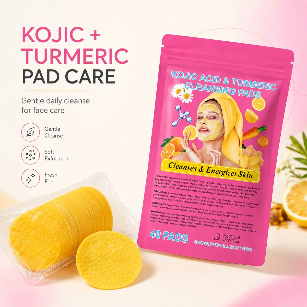Kojic Acid & Turmeric Cleansing Pads, 40 Count Dual-Texture Exfoliating Face Pads for Daily Cleansing, Dull-Looking Skin & Uneven-Looking Tone, Gentle Facial Wipes for a Fresh, Smooth-Looking Finish