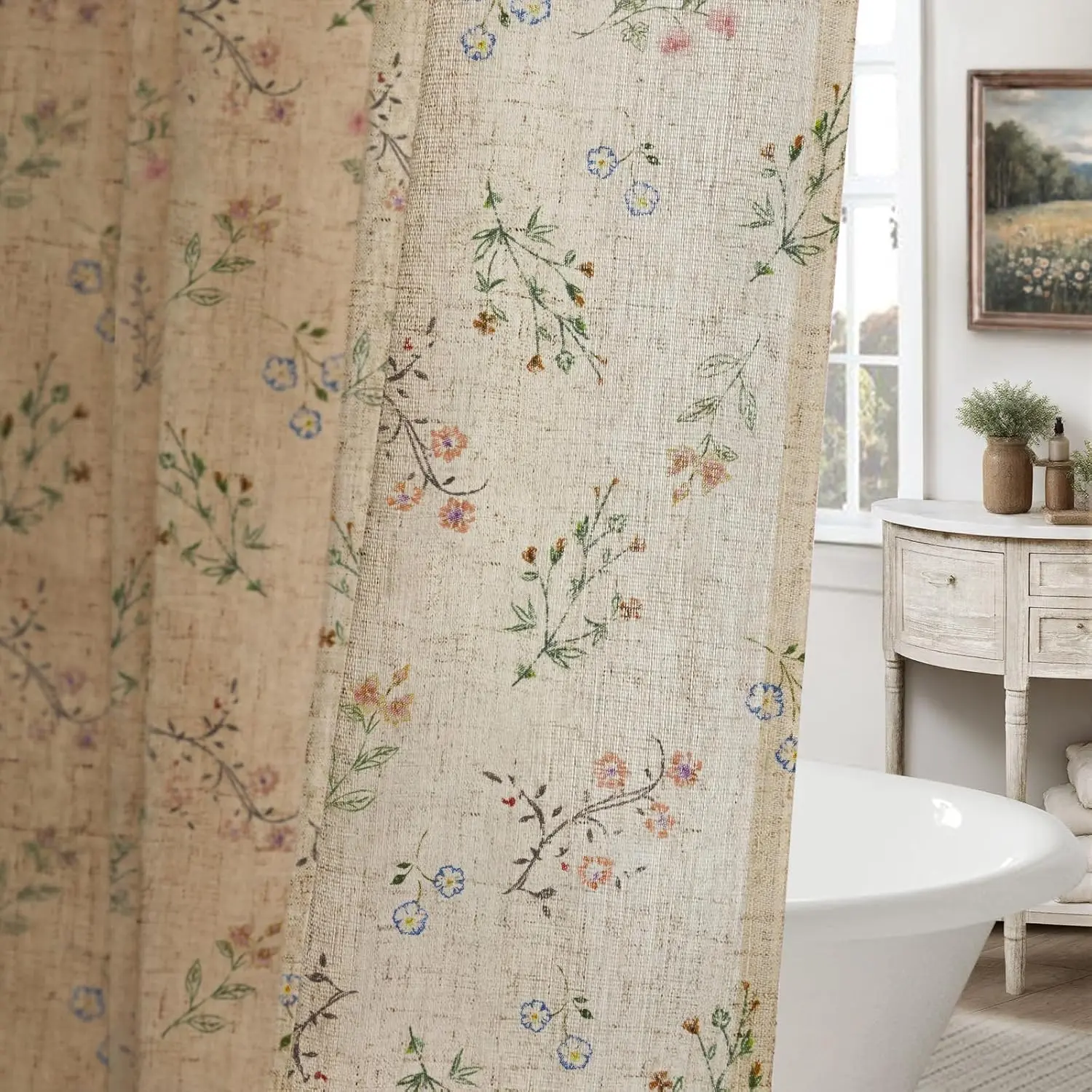 Floral Lightweight Bath Shower Curtain, Vintage Home Decor for French Country Farmhouse Bathroom, 72" x 72" Linen Shower Curtain