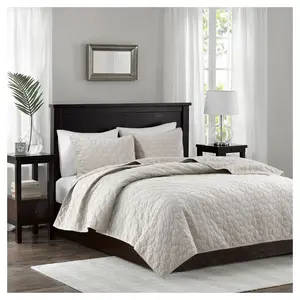 Madison Park 3pc Full/Queen Mercer Faux Velvet Reversible Coverlet Set Ivory