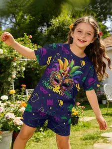 Deep purple background carnival mask feather digital print set, a sweet and lovely casual outfit, suitable for daily and outdoor sports T-shirt and shorts set, a perfect gift for girls