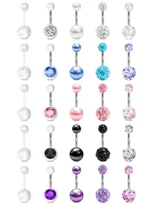 14g Belly Button Rings, Imitation Pearl Balls, Hypoallergenic Stainless Steel, Silver Color Navel Piercing Jewelry for Women, Body Piercing Jewelry