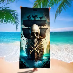 Pirate Ship & Skull Pattern Beach Towel, Soft Water Absorbent Towel, Reusable Towel for Beach Travel, Beach Towel for Adult Men and Women, Design Beach Towel
