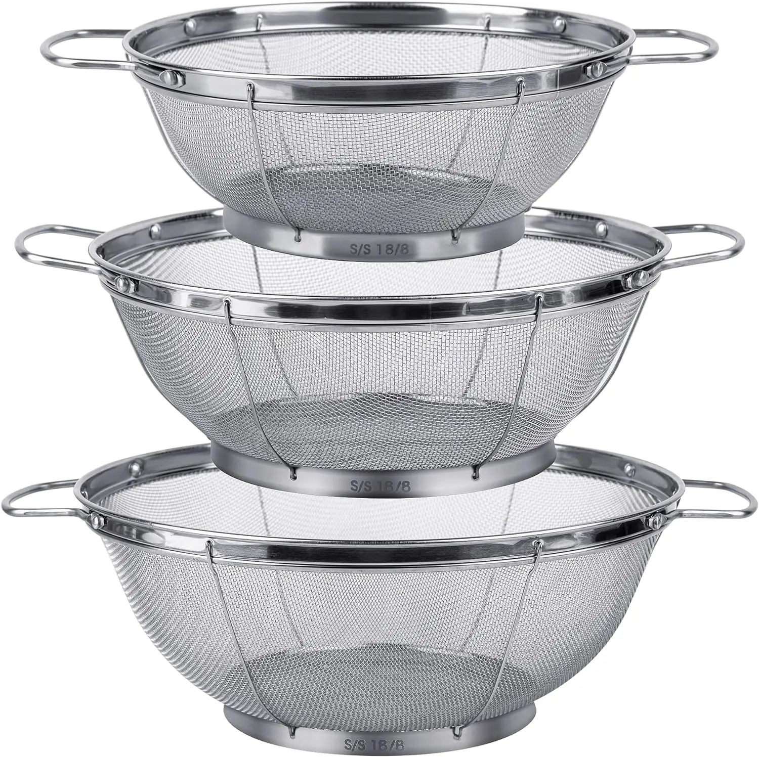 3 Pack 18/8 Stainless Steel Mesh Colander Set, 5 Qt, 4 Qt & 3 Qt Fine Mesh Strainer Baskets with Handles & Resting Base, Food Grade Pasta Strainer, Vegetable Washer, Fruit Rinse Basket for Draining, Rinsing & Steaming