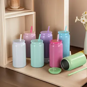 25pcs  Glitter Shimmer 16oz  Sublimation Blank Vacuum Cups Tumbler With Colored Pp Lids 16oz Candy Colored Blank Sublimation Coffee Mug Blank Sublimation Macaron Colored Can Cups Portable Water Bottle Bottled Water Bottles Drinkware
