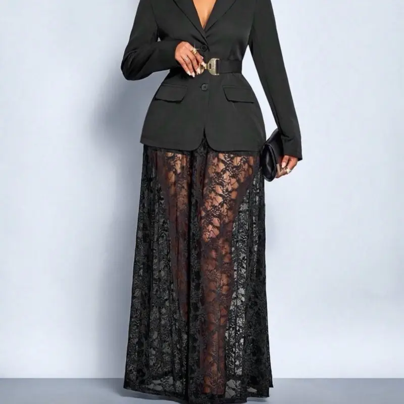 MUSE NOTE Women's 2-Piece Fitted Chic Lady Elegant Retro Metallic Belt Blazer & Lace Skirt Black Business Casual Suit Set for Winter-Spring, Classy Two Piece Sets