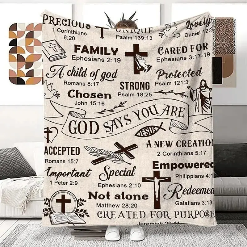 Cross Letter Pattern Fleece Blanket, Faith Inspirational Quote Throw, Cozy Religious Themed Soft Warm Blanket, Home Office Napping Travel Gift, Heartwarming Blanket Gift, Flannel Blankets