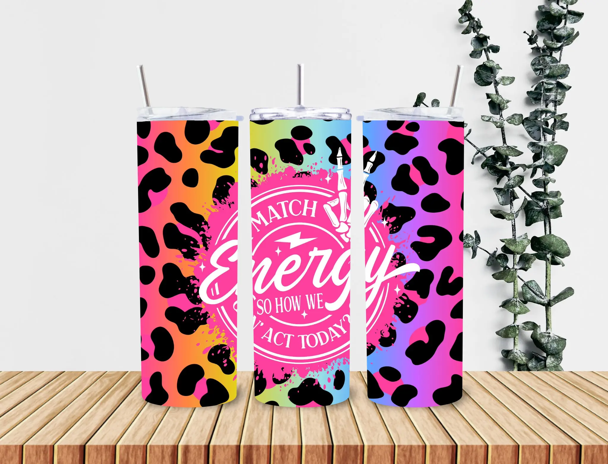 I Match Energy 20oz Stainless Steel Tumbler Water Bottle - Leopard Print Design, Drinkware Cup with Lid & Straw, Classic Style, Vibrant Rainbow Leopard Pattern
