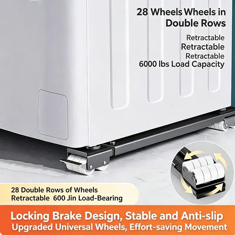 Washing machine base stand with 28 omnidirectional wheels; refrigerator base roller stand; dedicated rollers with height-adjustable pads for added clearance, non-slip protection, shock absorption; base includes brakes; load capacity up to 300 kg; extendab