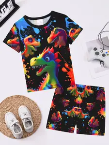 Boys Dinosaur Print Short Sleeve T-Shirt and Elastic Waist Shorts Pajama Set, Casual Comfortable Sleepwear for All Seasons