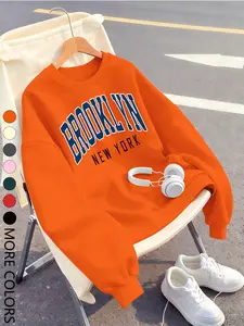 New Creative Letter Print Women's Knit Sweatshirt, Casual Long Sleeve Round Neck, Comfortable Fit, Fall & Winter Fashion Top