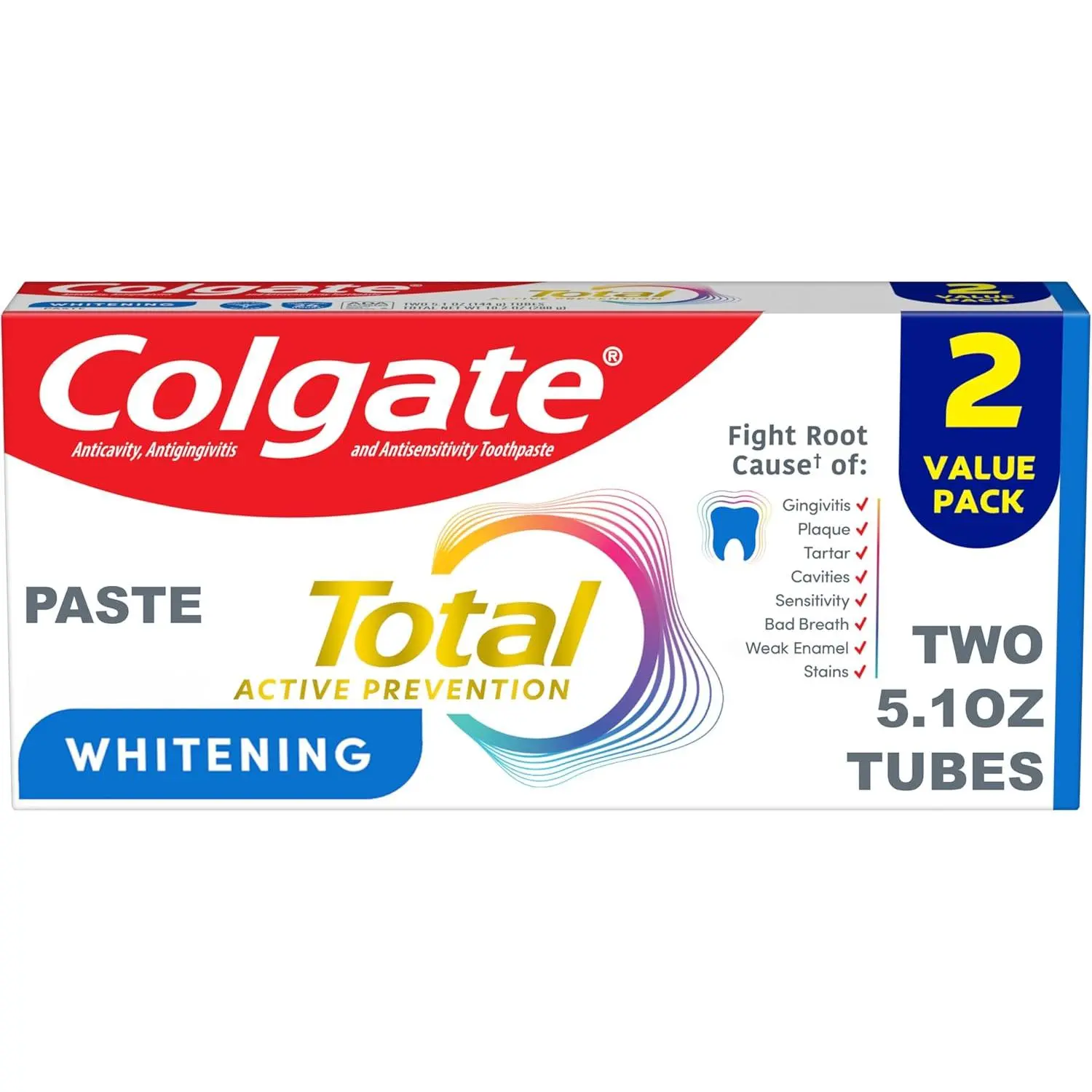 Colgate Total Whitening Fluoride Toothpaste, Mint Flavor, Whitening & Complete Oral Care, 5.1 oz Tubes, 2-Pack