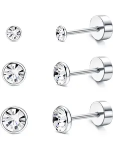 3 Pairs of G23 Titanium Earrings Female Male Titanium Earrings Surgical Steel 3,4,5 Mm Zircon Cartilage Earrings Flat Back Earrings Female.