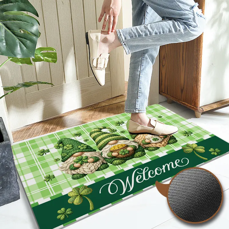 St. Patrick's Day Decorative Non-Slip Kitchen Mat - Lucky Clover, Love Heart & Polka Dot Flannel Mat, Machine Washable, Suitable for Kitchen, Entryway, Bathroom