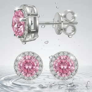 【2026 Trend Alert】S925 Sterling Silver Round Halo Stud Earrings, Gold-Plated Hypoallergenic Pink Sparkling Stone Ear Studs, Unisex Fashion Jewelry Perfect Birthday Gift For Men Women Daily Party Wear