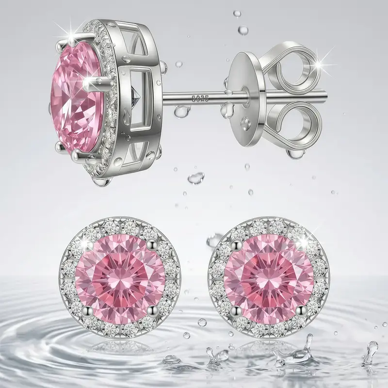 【2026 Trend Alert】Sparkling Pink 6A Grade Cubic Zirconia Round Halo Stud Earrings, Gold-Plated S925 Sterling Silver Hypoallergenic Unisex Fashion Jewelry Birthday Gift for Men Women Daily Party Wear