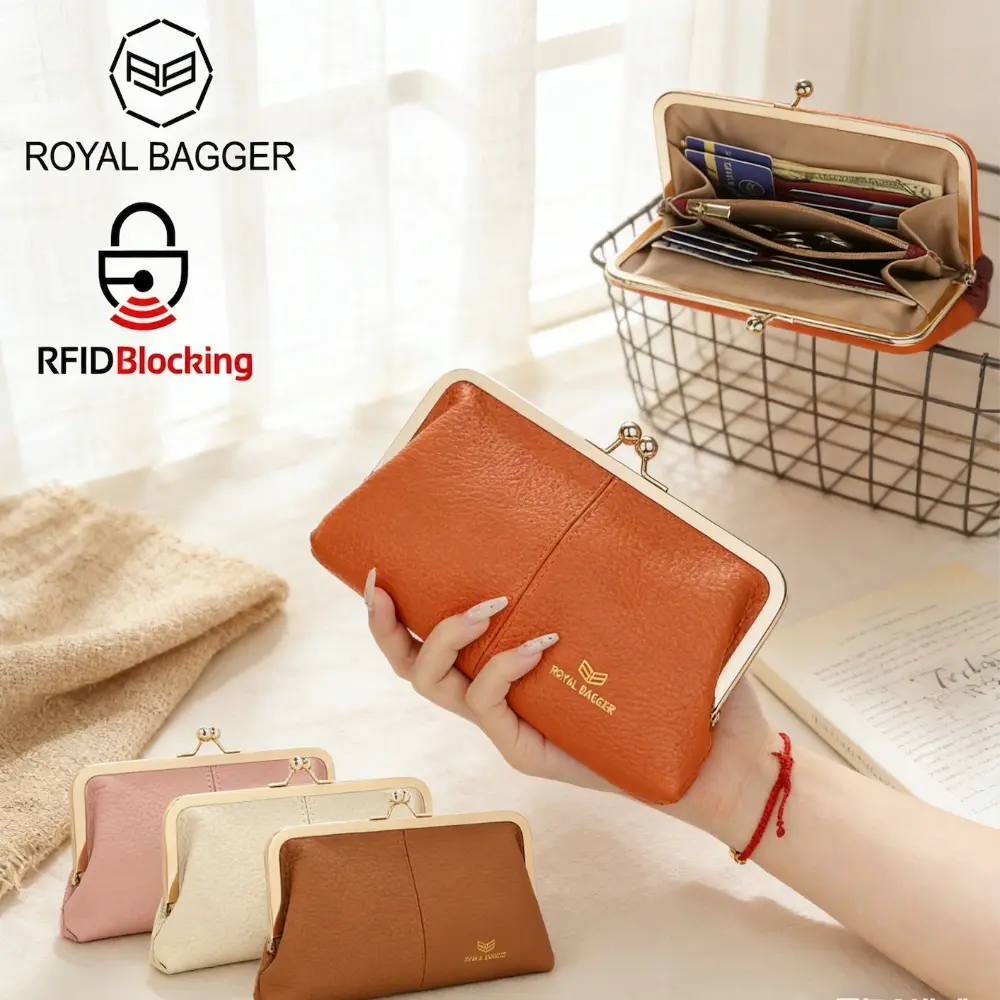 Royal Bagger Genuine Leather RFID Kiss Lock Wallet for Women, Solid Color Multi-Card Slots Clutch Purse, Women's Wallets 1468, Wallets For Women
