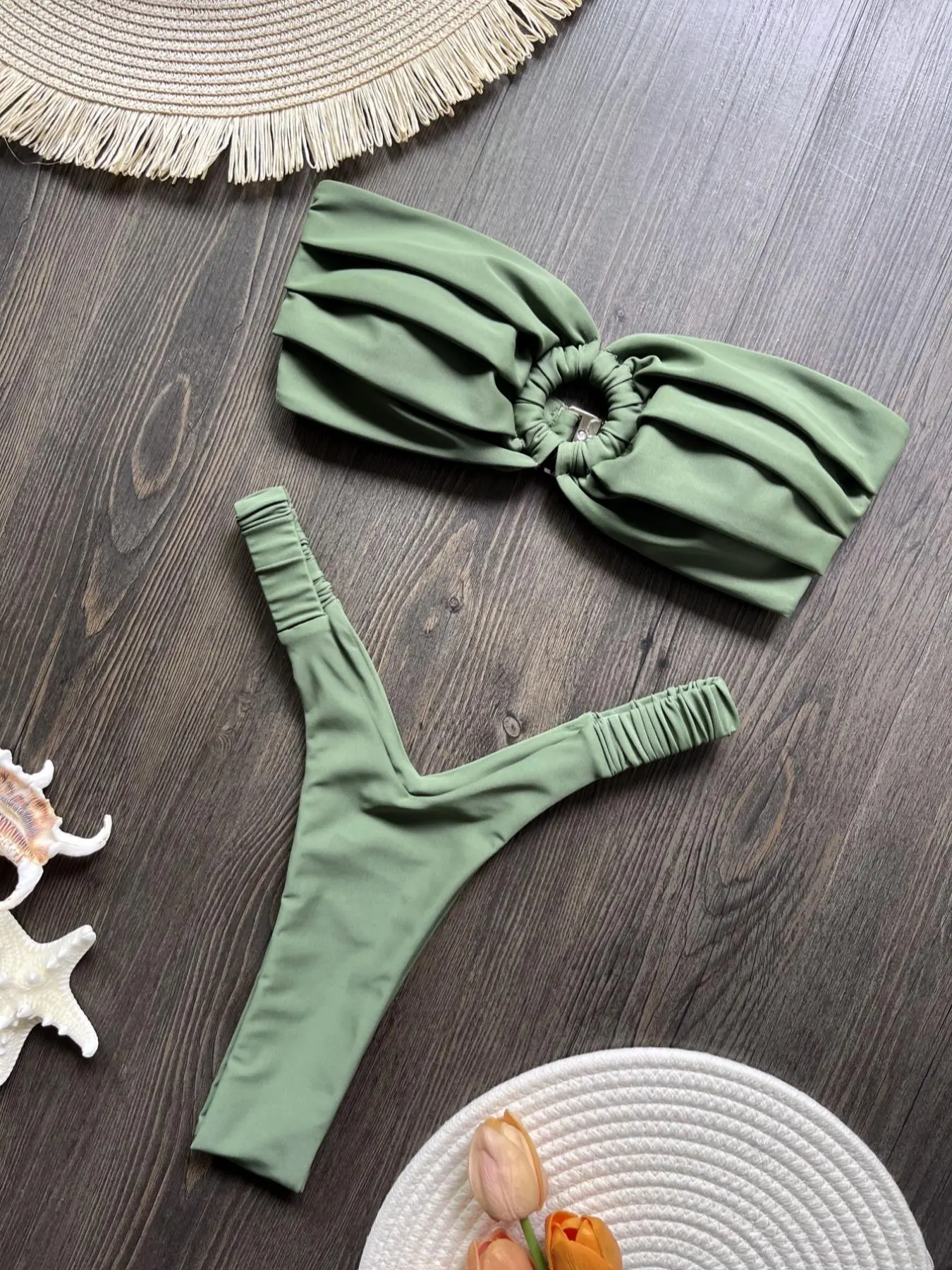 Two-Piece Set Women's Bikini Set, Strapless Bandeau Bikini, Bandeau Bikini Sets, Ruched Bikini Bottoms, Swim Top & Swim Bottom for Beach Holiday Vacation, Summer Swimsuit Set, Ladies Swimwear, Bikini Beachwear, Bikinis Set