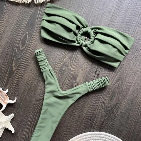 Two-Piece Set Women's Bikini Set, Strapless Bandeau Bikini, Bandeau Bikini Sets, Ruched Bikini Bottoms, Swim Top & Swim Bottom for Beach Holiday Vacation, Summer Swimsuit Set, Ladies Swimwear, Bikini Beachwear, Bikinis Set