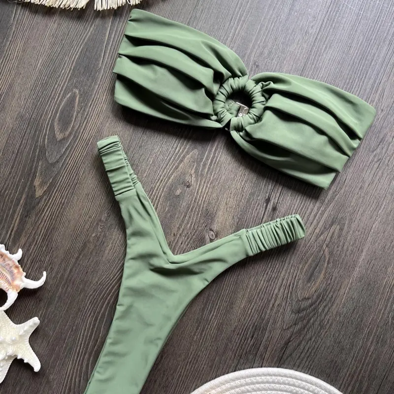 Two-Piece Set Women's Bikini Set, Strapless Bandeau Bikini, Bandeau Bikini Sets, Ruched Bikini Bottoms, Swim Top & Swim Bottom for Beach Holiday Vacation, Summer Swimsuit Set, Ladies Swimwear, Bikini Beachwear, Bikinis Set