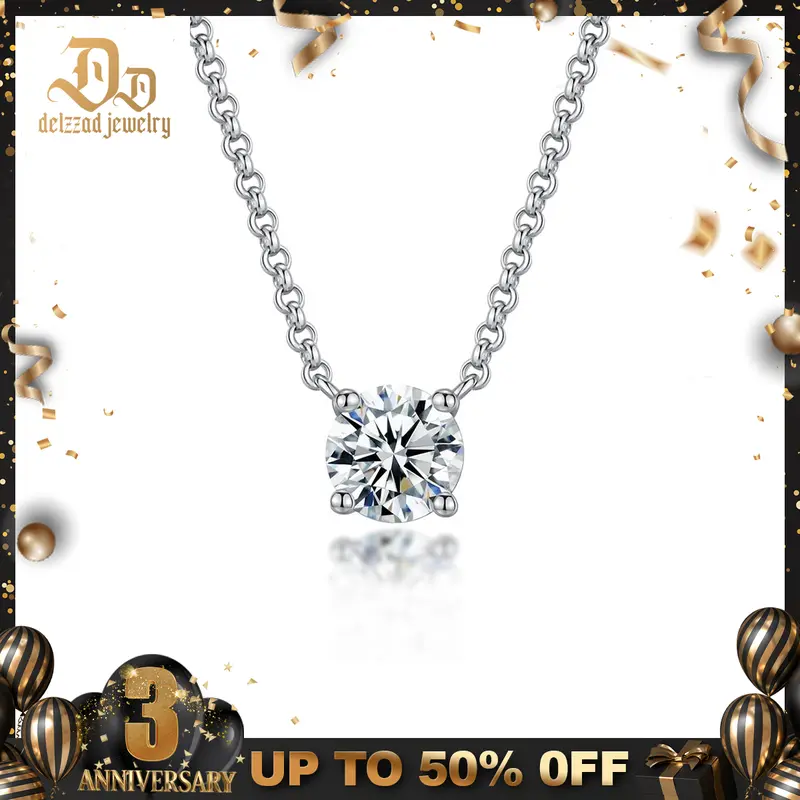 Delzzad 1ct Classic Round Four Prong Necklace Synthetic Moissanite Necklace Jewelry Solitaire Necklace Chain S925 Jewelry Birthday Anniversary Mother's Day Christmas Gifts for Men Women