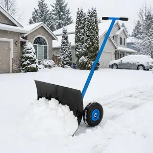 Garvee 29 Inch Snow Shovel for Driveway with Wheels, Heavy Duty Snow Pusher - Height & Angle Adjustable t-Handle, Angled Powder Coated Steel Blade, Ergonomic Back-Saver Snow Removal Tool
