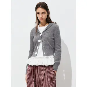 URBAN REVIVO 2026 Spring New Women's Fitted Knitted Plaid 3D Floral Button Cropped Cardigan - Long-Sleeve Collared Top, Soft Fabric, Elegance Casual Outwear for Bottom Pairing