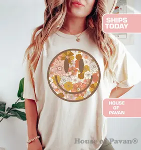 Smiling Flower Shirt, Vintage Smiley Face Trendy Graphic T-shirt,  Hoodie and Sweater Cotton Womenswear