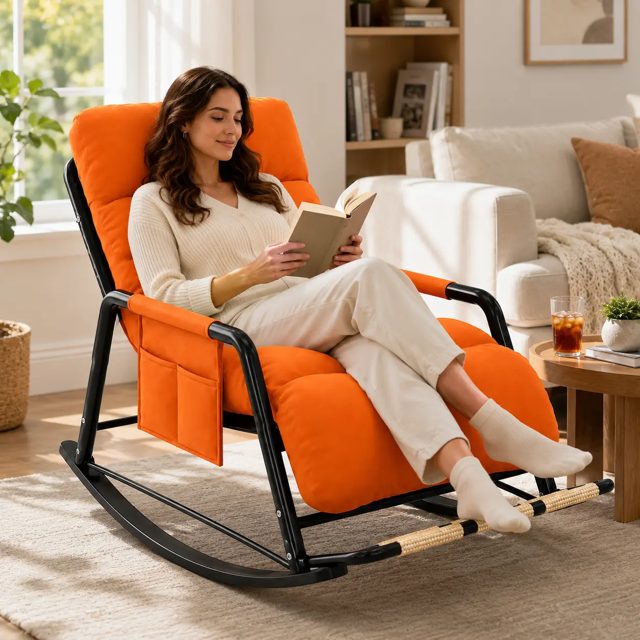 Rocking Chair with Massage Footrest - Stain & Water Resistant, Wear Resistant Thick Tufted Cushion, Side Storage Pocket, Padded Armrests - Indoor Lounge Reading Chair for Living Room Bedroom