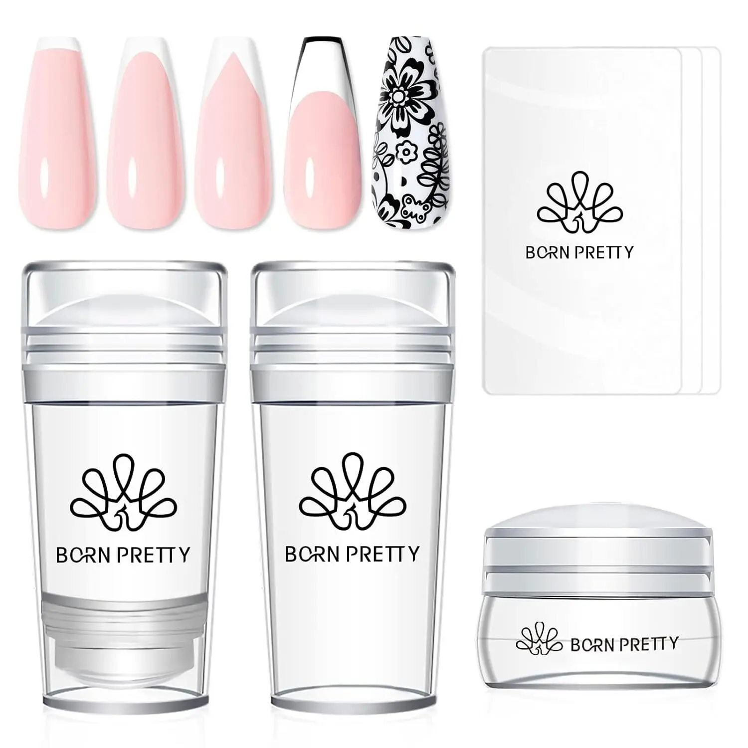 Born Pretty French Tip Nail Stamp, 6PCS Art Stamper With Scrapers, Silicone Stamping Long & Short Jelly Stamper Kit for French Manicure Home DIY Art Salon