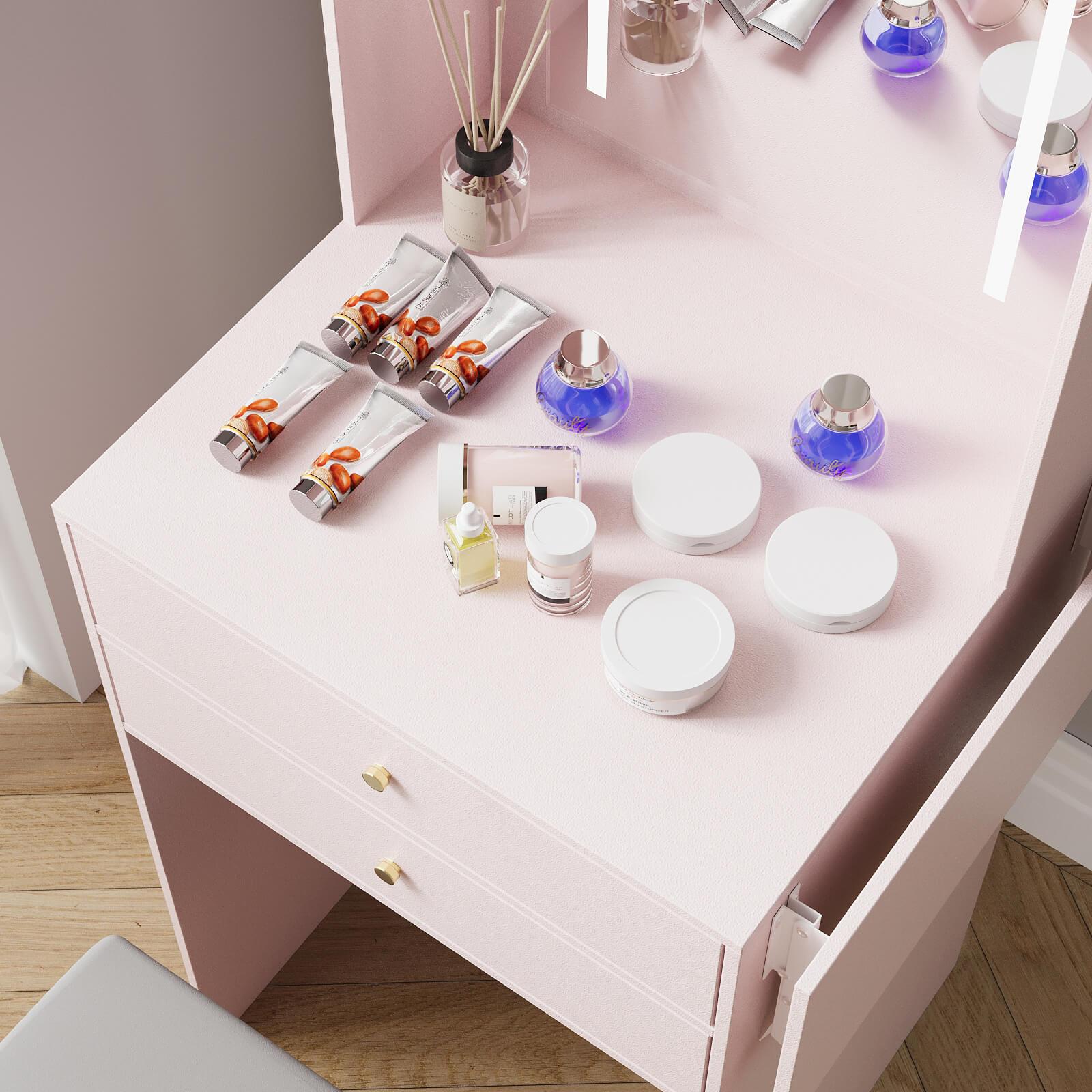 Small Vanity Desk Set with 3 Adjustable Lighted Mirror and Storage Chair IF018,  MDF panels