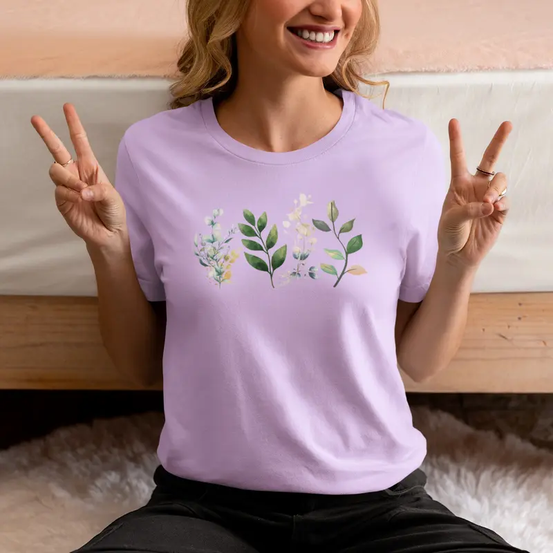 Teal and Green Leaves Tee Design on Premium Bella + Canvas Unisex Cotton Fit Top Fabric Womenswear Women Underwear Lady