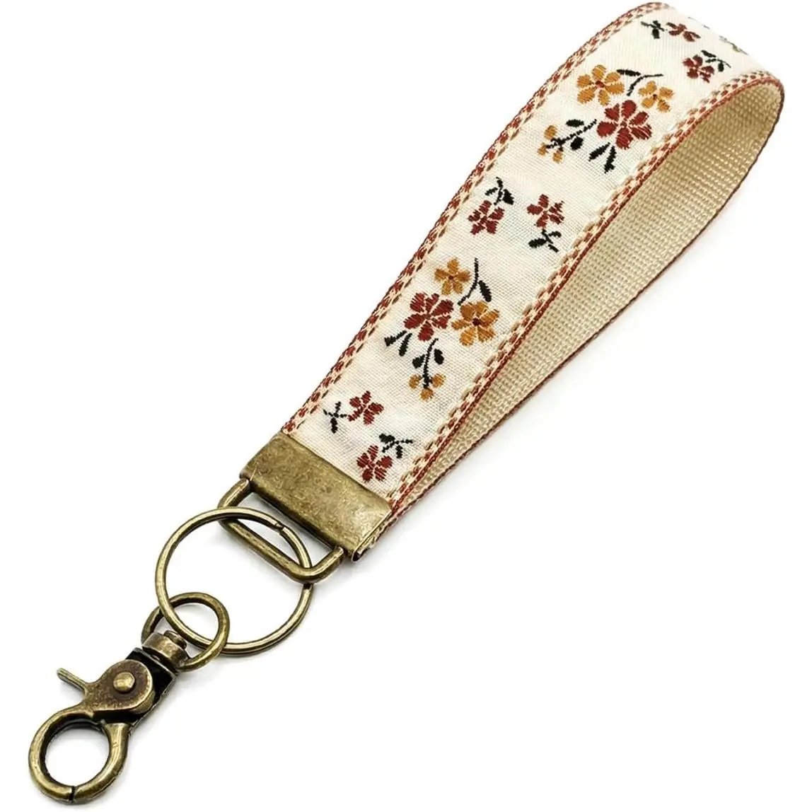 Boho Embroidered Wristlet Keychain for Women - Cute Floral Fabric Key Chain Lanyard