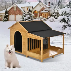 [Bellemave]60.2" Large Outdoor Dog House with Insulated Liner for Winter Waterproof Dog Kennel for Medium & Large Dogs, Dog House with Porch and Asphalt Roof and Elevated Floor, Nature