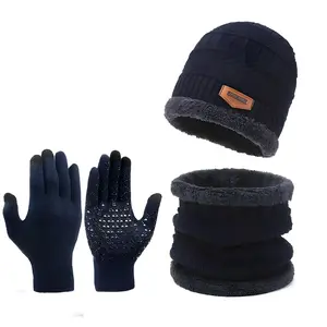 Windproof Cap Outdoor Winter Scarf Gloves Three-Piece Set with Collar Warm Cashmere Knitted Hat for Cold Weather All Seasons
