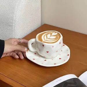 1 Set Handmade Ceramic Coffee Mug and Saucer, Creative Heart Design Irregular Artisanal Cup, Unique Aesthetic Drinkware for Home Office Decor Afternoon Tea Coffee Dessert, Perfect Gift for Coffee Lovers