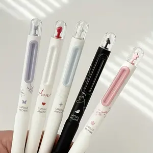 5/10/15pcs Retractable Gel Pens 0.5mm Nibs Black Ink Smooth Writing Pens - Capsule Design Rotatable Patterns - Sakura, Bird, Heart, Butterfly, Star - Perfect for School, Home & Office Supplies