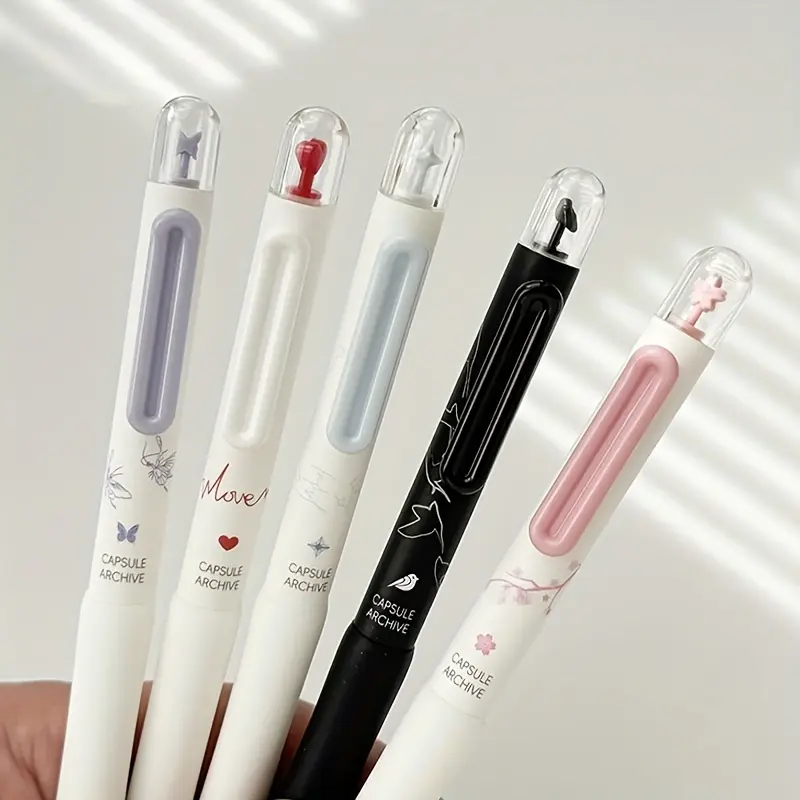 5/10/15pcs Retractable Gel Pens Set Stationery Writing Tools 0.5mm Nibs Black Ink Smooth Writing Pens - Capsule Design Rotatable Patterns - Sakura, Bird, Heart, Butterfly, Star - Perfect for School, Home & Office Supplies