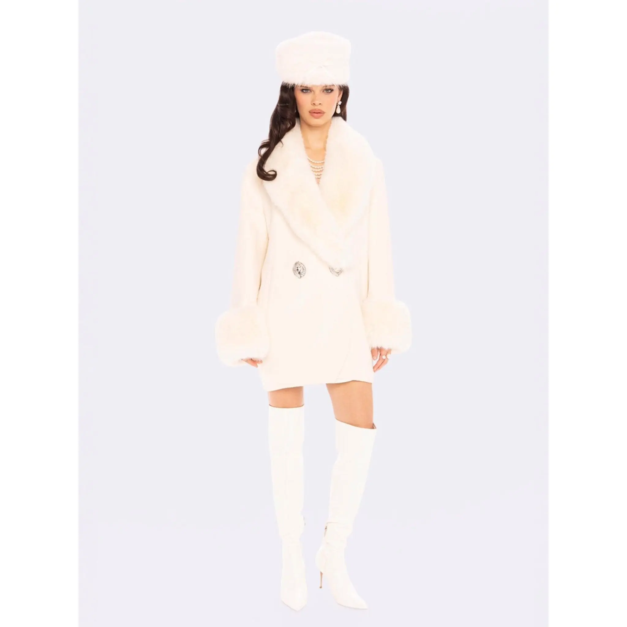 Althea Faux Fur Collar Cocoon Coat (White)
