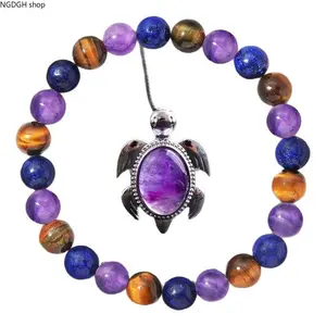 Sea Turtle Crystal Bracelet, Amethyst & Lapis Lazuli Beads, Boho Ocean-Inspired Jewelry, Meaningful Protection Charm, Perfect for Beach Lovers & Summer Style