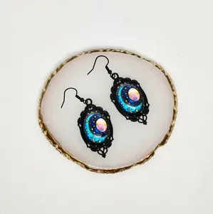 #334 Black Vintage Style Lace Frame with Moon, Sun & Stars Design Earrings- Stainless Steel Hooks- Casual Celestial Earrings