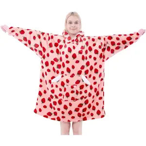 Wearable Blanket Hoodie for Adult, Oversized Fleece Hooded Sweatshirt, Cozy Blanket Hoodie with Sleeves for Winter Gift (Pink Strawberry)