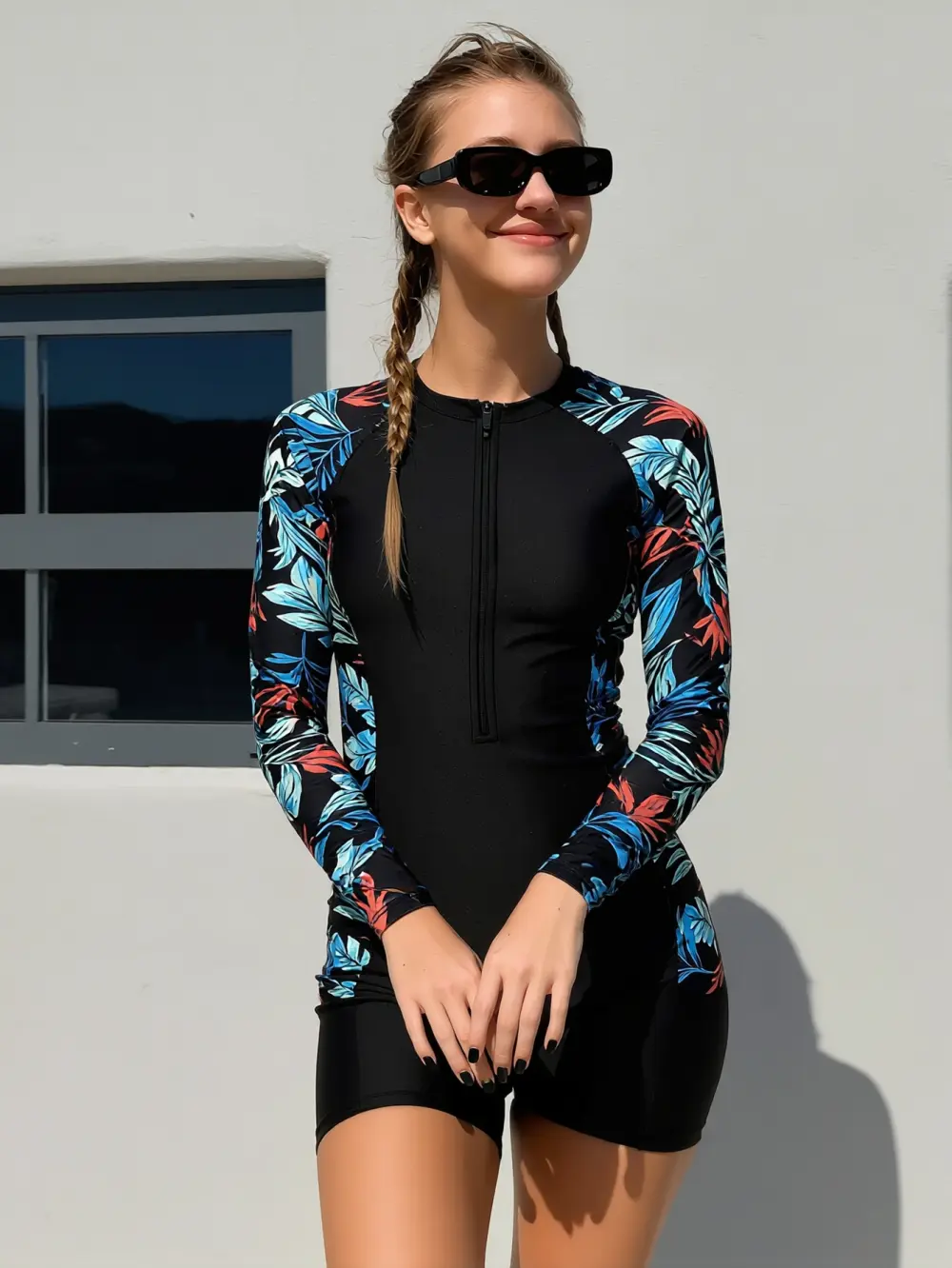 Girls' Long Sleeve Surfing Swimsuit, Tropical Leaf Print 1-Piece Zip-Front Sporty Beachwear for Kids', One-Pieces