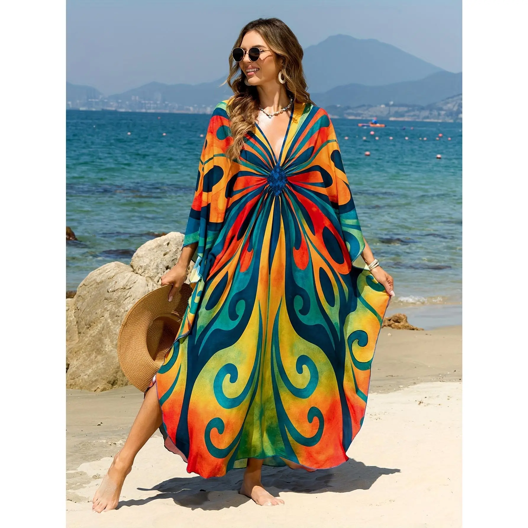 Plus Size Cover Ups/Butterfly Printed Kaftan Dresses/Women Hand Batween Sleeve/Summer Holiday Bathing Suits