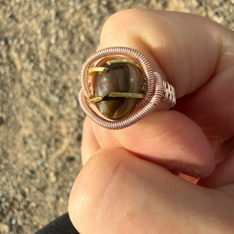 Mexican Fire Opal Handmade Wire Wrapped Rapped Ring Size 7 Gold with Rose Gold Accents Unique Jewelry Gift