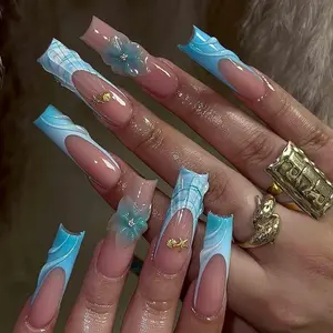 Handmade Ocean Blue Press On Nails | 3D Floral Shell Art with Wave Tips | Long Square Summer Nails for Beach Look