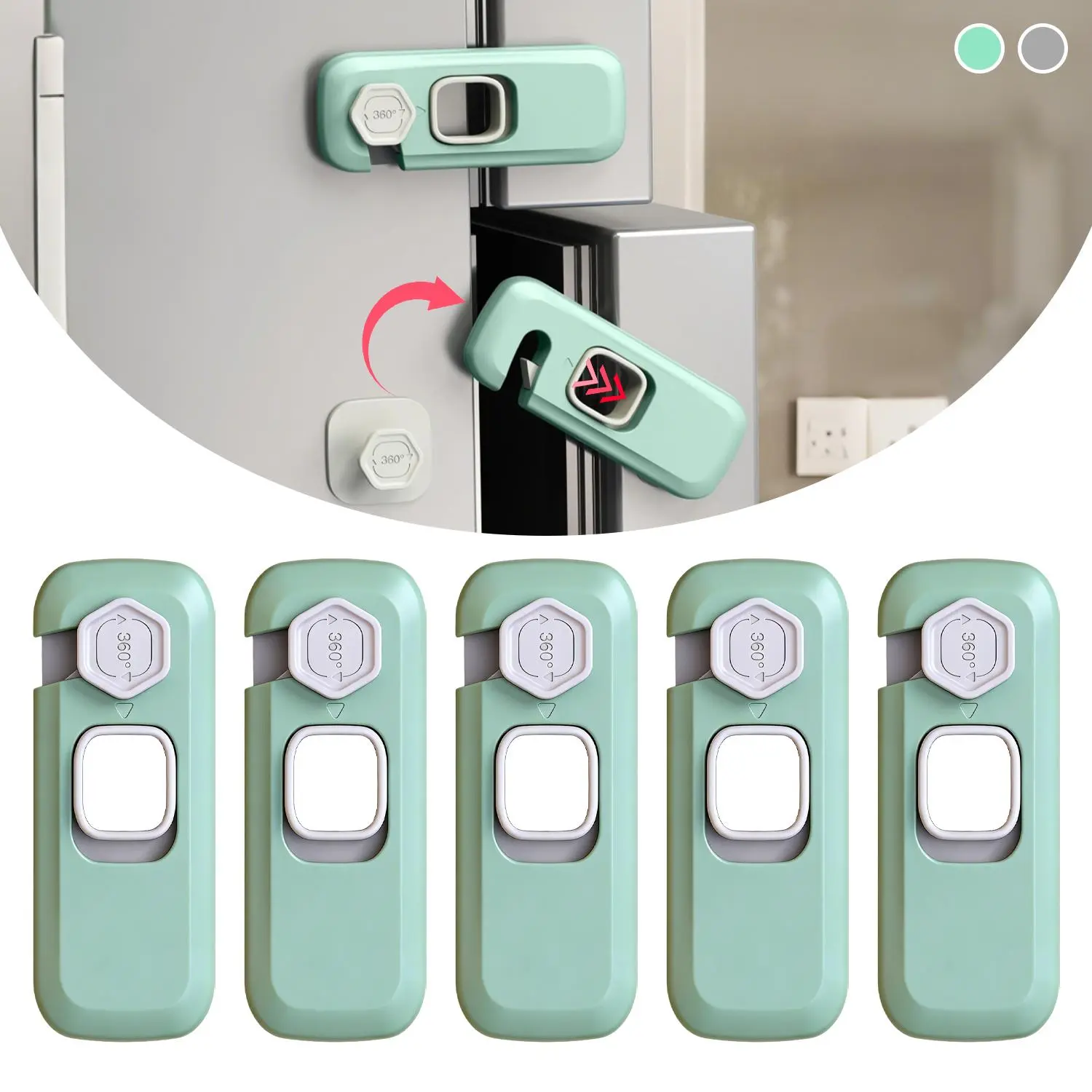 Grey Plastic Refrigerator Locks (5 Pack) - No Tools Need, Sticky Adhesive Pads, Multi-Use Safety Locks for Doors, RV Fridges, Ovens, Cabinets - Mothers Day Gift, Gifts for Her (Suitable for 0-3 Years Old)