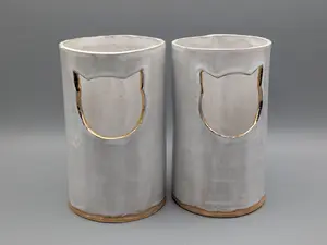 Purr Glam Ceramic Candle Holder with Cat Head Design and Gold Inlay - Perfect for Home Decor