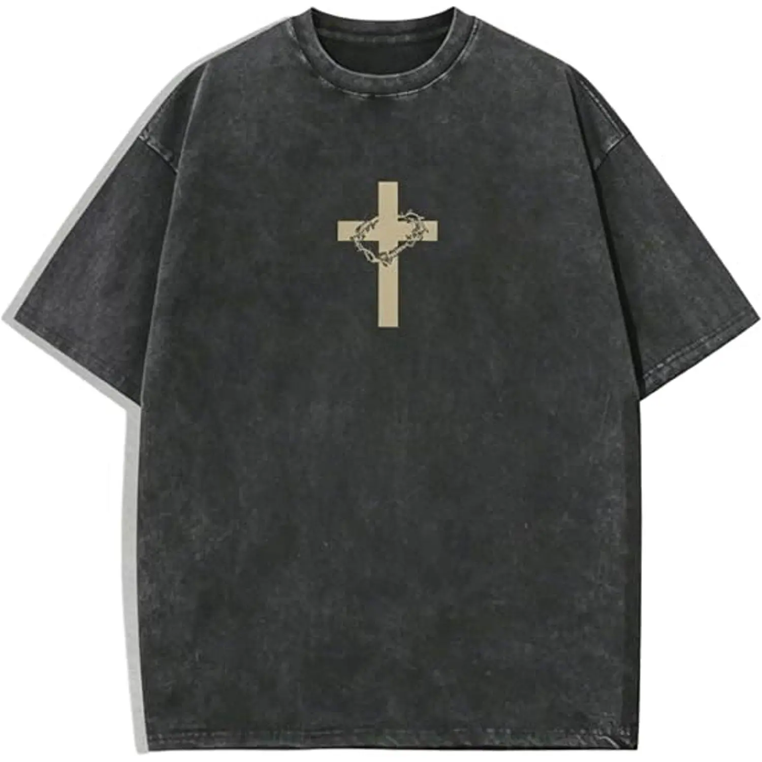 Washed Cotton T-shirt Religious Graphic Oversized Jesus Cross Print Streetwear Tee Top Casual Fashion Fit
