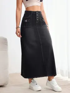 JUNBAOSS Women's Casual Stretch Mid Rise Long Denim Skirt Women Button Down Mid-Length Streetwear Denim A Line Skirt Women's Elegant And Stylish Style Elastic Hip Skirt Long Dress with Furry Edges