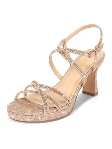 PIZZ ANNU Women's Platform Heels, High Block Chunky Design, Sparkly Rhinestone Detailing, Open Toe Ankle Strap, Perfect for Parties & Weddings